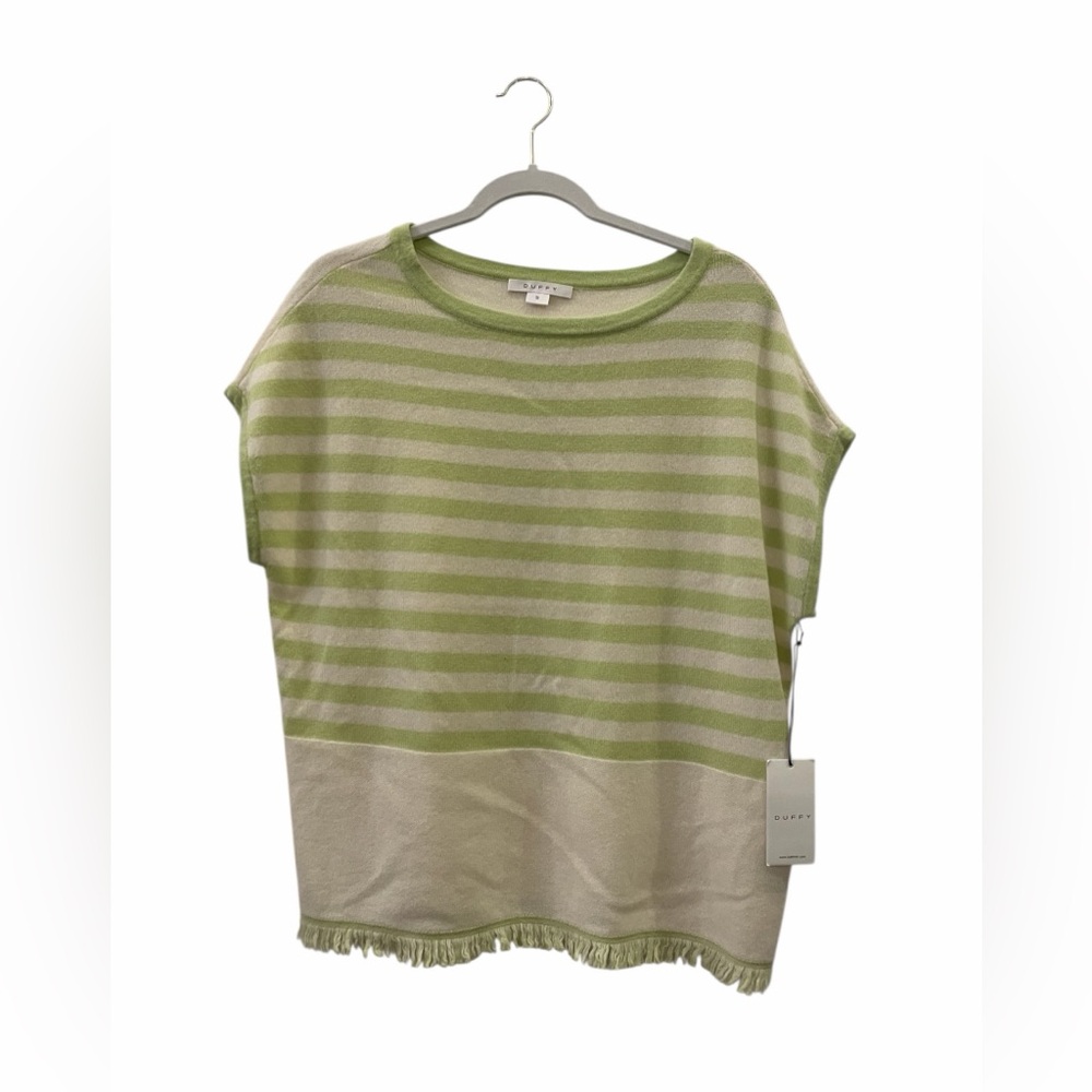 Duffy Cashmere Fringe Striped Lightweight Knit Sweater Sage Green and Cream